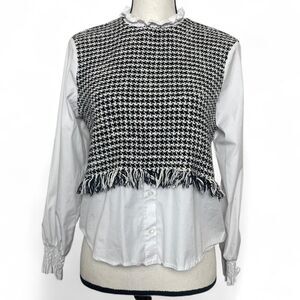 Zara Tweed Black White Herringbone Layered Button Up Puff Sleeve Long Sleeve S